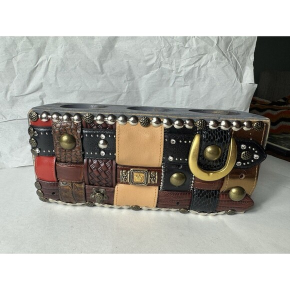 3 Hole, Sugar Mold | Sue Spargo Folk Art Quilts Vintage 3 Hole Sugar Mold Upcycled Candle Holder Embellished Belts & Buckles